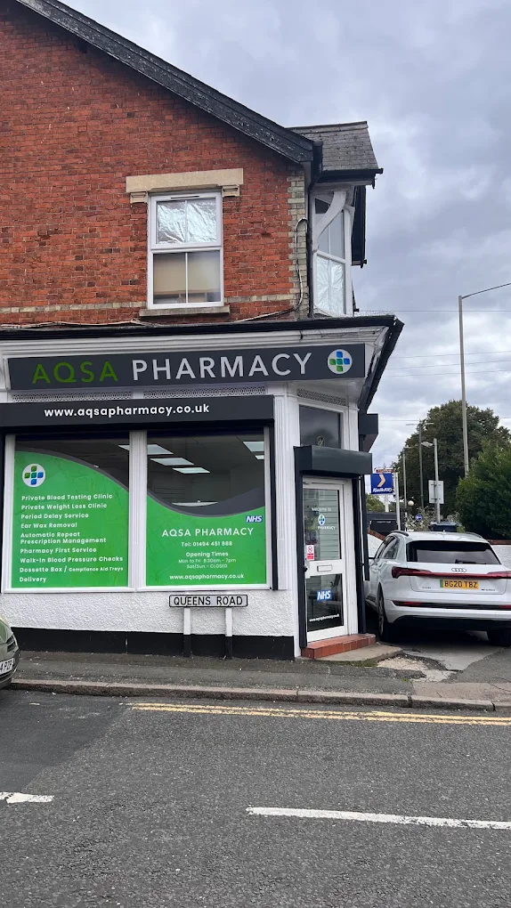 Aqsa Pharmacy shopfront on the corner of Queens Road, High Wycombe